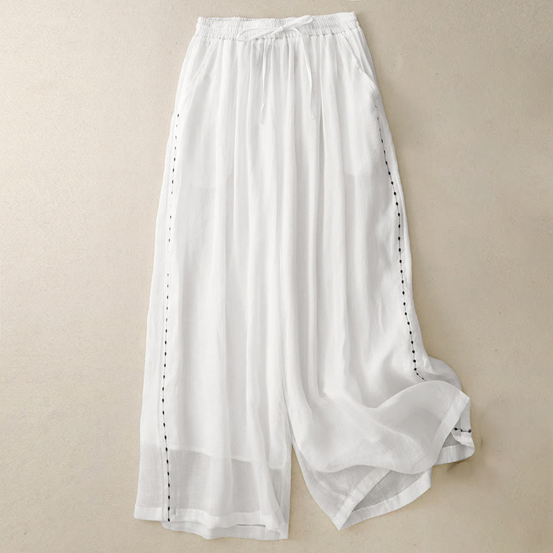 Commute Solid Color Embroidery Drawstring Women's Wide Leg Ankle-Length Cotton Pants With Pockets
