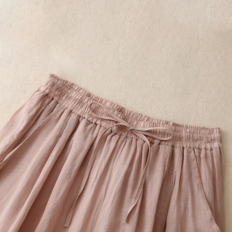 Commute Solid Color Embroidery Drawstring Women's Wide Leg Ankle-Length Cotton Pants With Pockets