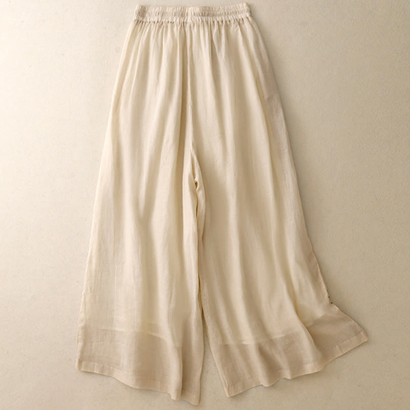 Commute Solid Color Embroidery Drawstring Women's Wide Leg Ankle-Length Cotton Pants With Pockets