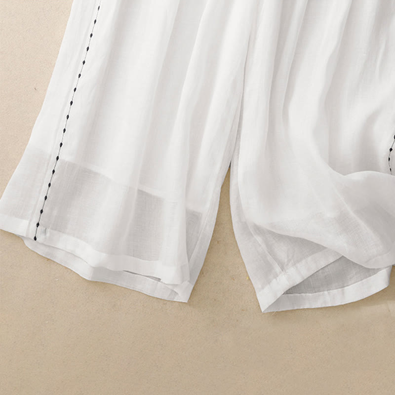 Commute Solid Color Embroidery Drawstring Women's Wide Leg Ankle-Length Cotton Pants With Pockets