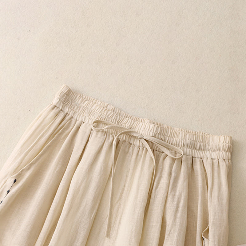 Commute Solid Color Embroidery Drawstring Women's Wide Leg Ankle-Length Cotton Pants With Pockets
