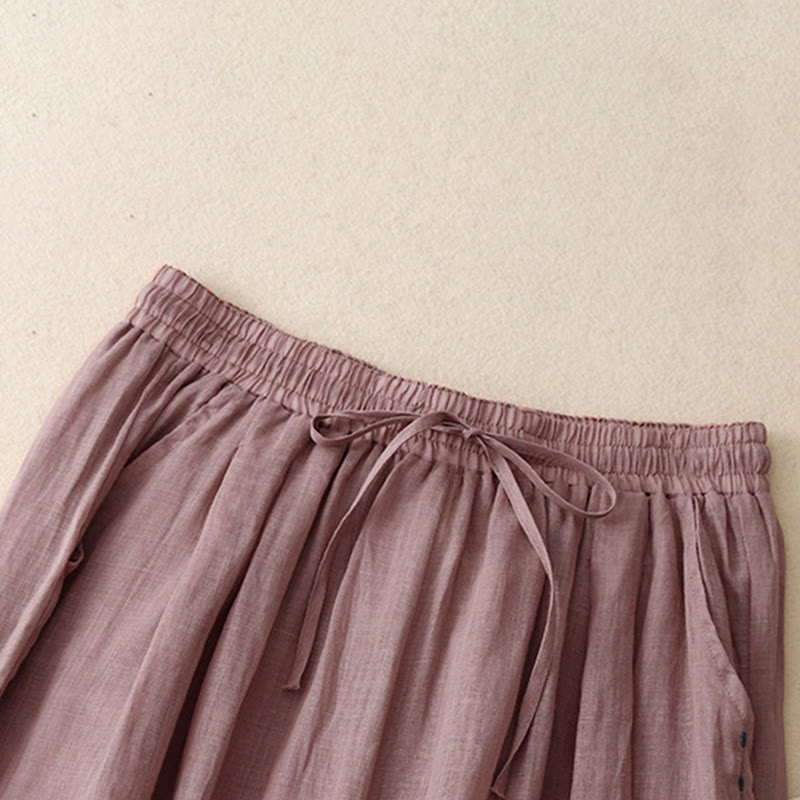 Commute Solid Color Embroidery Drawstring Women's Wide Leg Ankle-Length Cotton Pants With Pockets