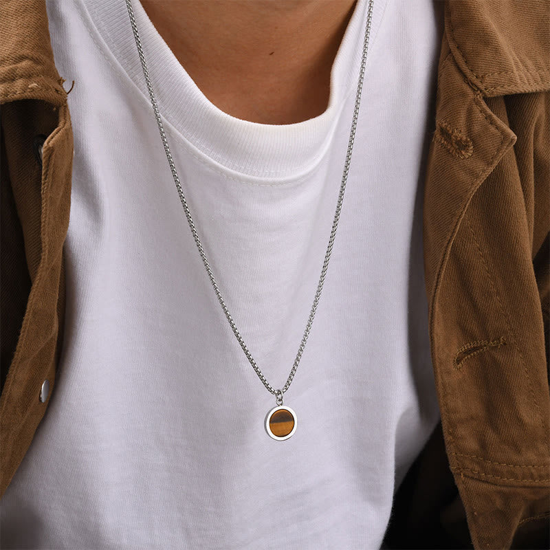 Natural Stone Turquoise Tiger Eye Lazurite Malachite Titanium Steel Purification Necklace Pendant