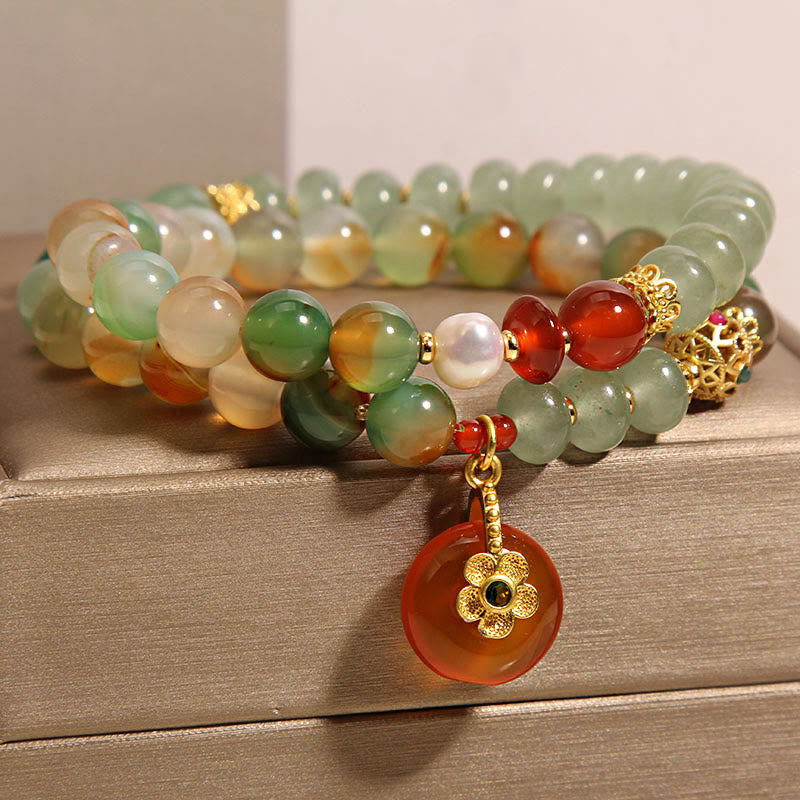 Natural Colorful Peacock Agate Flower Peace Buckle Pearl Double Layer Support Bracelet