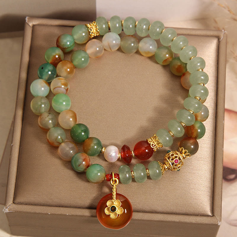 Natural Colorful Peacock Agate Flower Peace Buckle Pearl Double Layer Support Bracelet