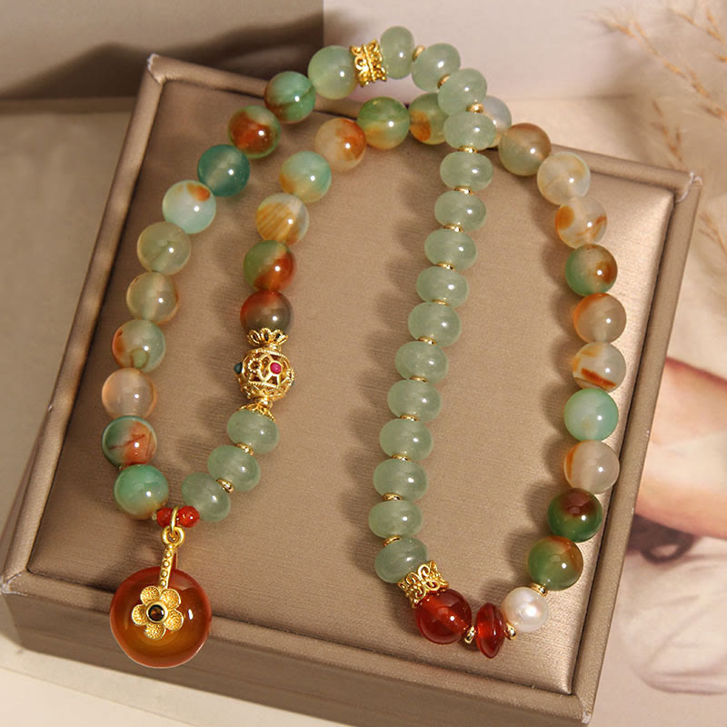 Natural Colorful Peacock Agate Flower Peace Buckle Pearl Double Layer Support Bracelet