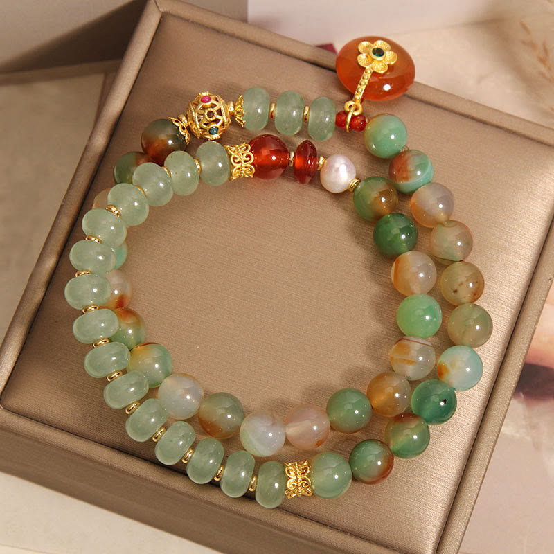 Natural Colorful Peacock Agate Flower Peace Buckle Pearl Double Layer Support Bracelet