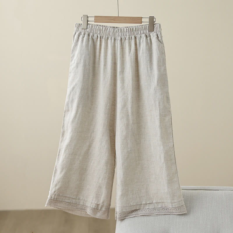 Commute Retro Plain Lace Patchwork Design 7-8 Length Women's Wide Leg Cotton Pants With Pockets