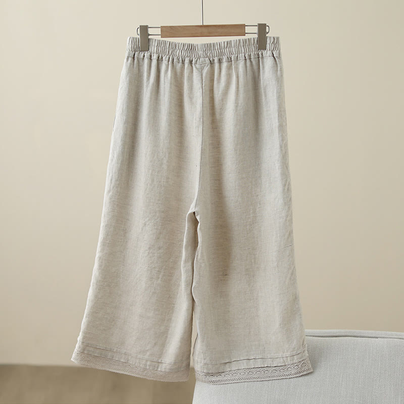 Commute Retro Plain Lace Patchwork Design 7-8 Length Women's Wide Leg Cotton Pants With Pockets