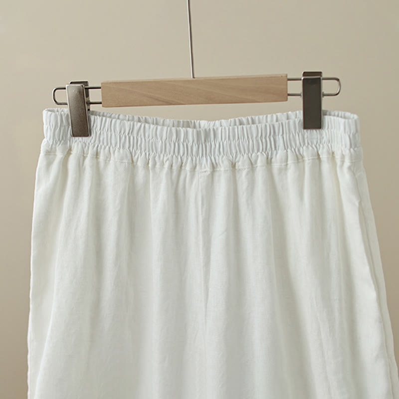 Commute Retro Plain Lace Patchwork Design 7-8 Length Women's Wide Leg Cotton Pants With Pockets