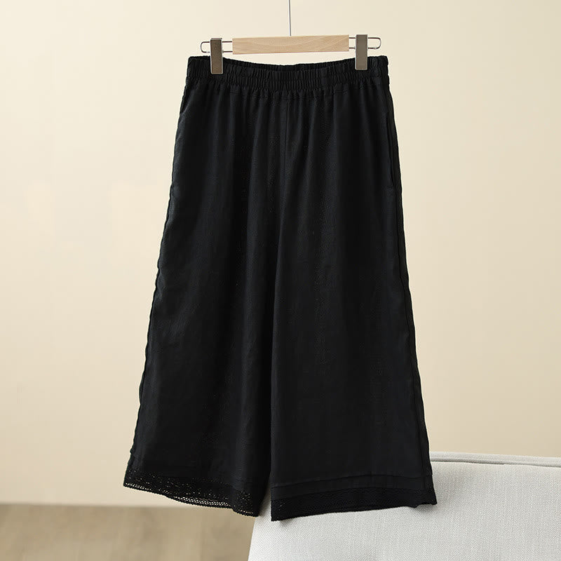 Commute Retro Plain Lace Patchwork Design 7-8 Length Women's Wide Leg Cotton Pants With Pockets