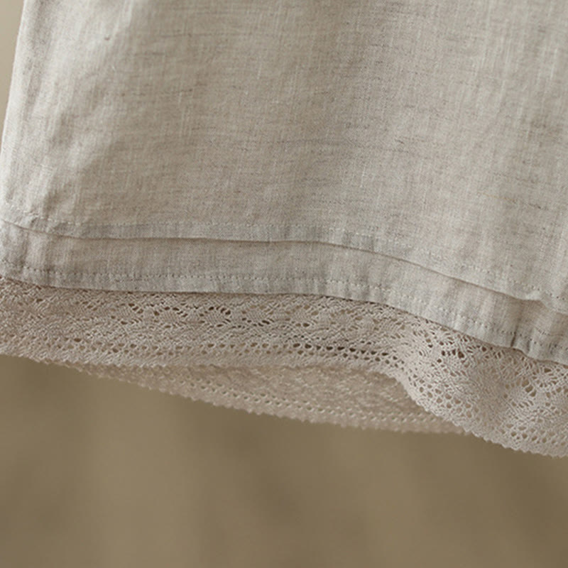 Commute Retro Plain Lace Patchwork Design 7-8 Length Women's Wide Leg Cotton Pants With Pockets