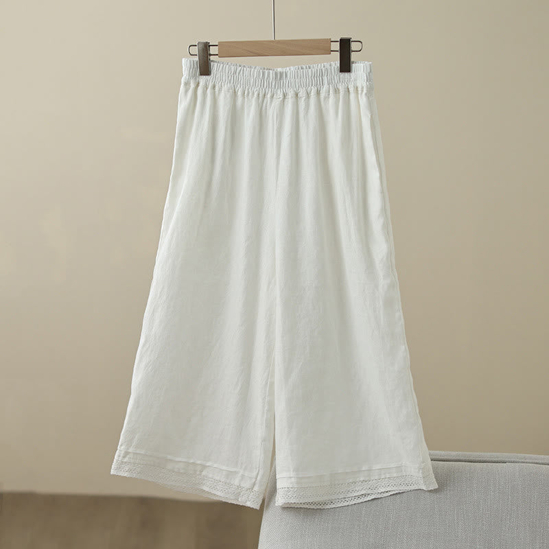 Commute Retro Plain Lace Patchwork Design 7-8 Length Women's Wide Leg Cotton Pants With Pockets