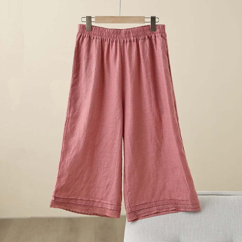 Commute Retro Plain Lace Patchwork Design 7-8 Length Women's Wide Leg Cotton Pants With Pockets