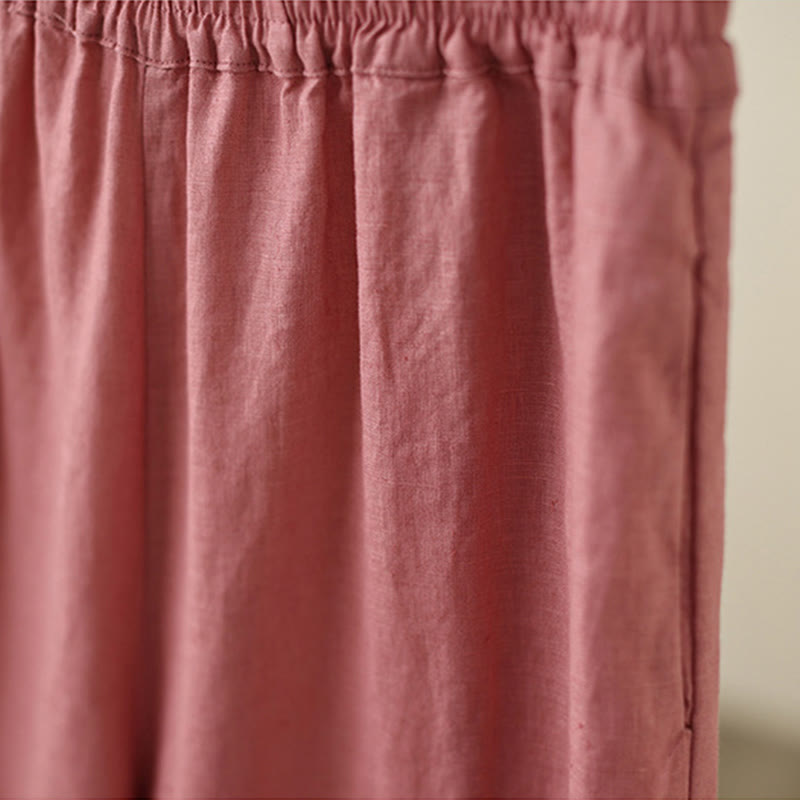 Commute Retro Plain Lace Patchwork Design 7-8 Length Women's Wide Leg Cotton Pants With Pockets