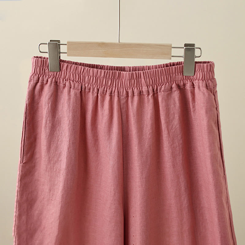 Commute Retro Plain Lace Patchwork Design 7-8 Length Women's Wide Leg Cotton Pants With Pockets