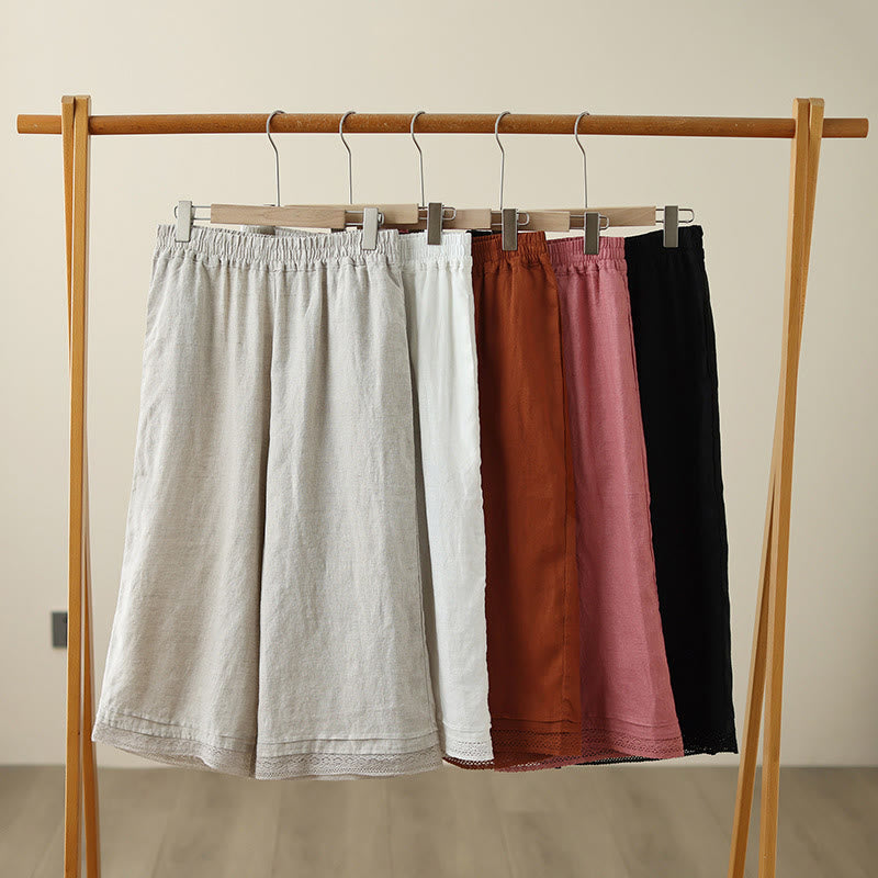 Commute Retro Plain Lace Patchwork Design 7-8 Length Women's Wide Leg Cotton Pants With Pockets