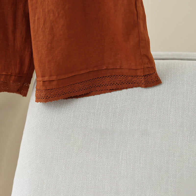 Commute Retro Plain Lace Patchwork Design 7-8 Length Women's Wide Leg Cotton Pants With Pockets