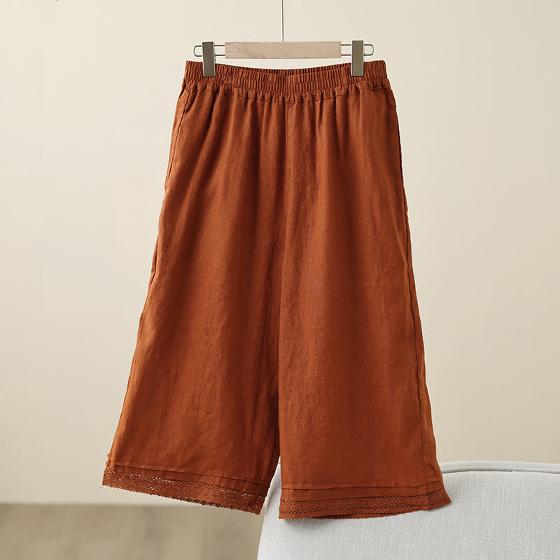 Commute Retro Plain Lace Patchwork Design 7-8 Length Women's Wide Leg Cotton Pants With Pockets