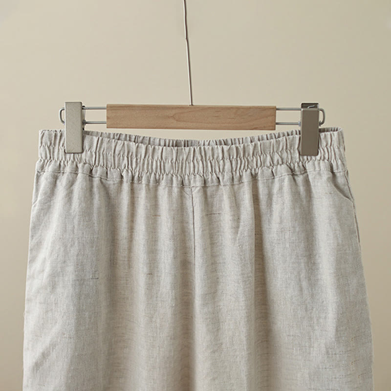 Commute Retro Plain Lace Patchwork Design 7-8 Length Women's Wide Leg Cotton Pants With Pockets