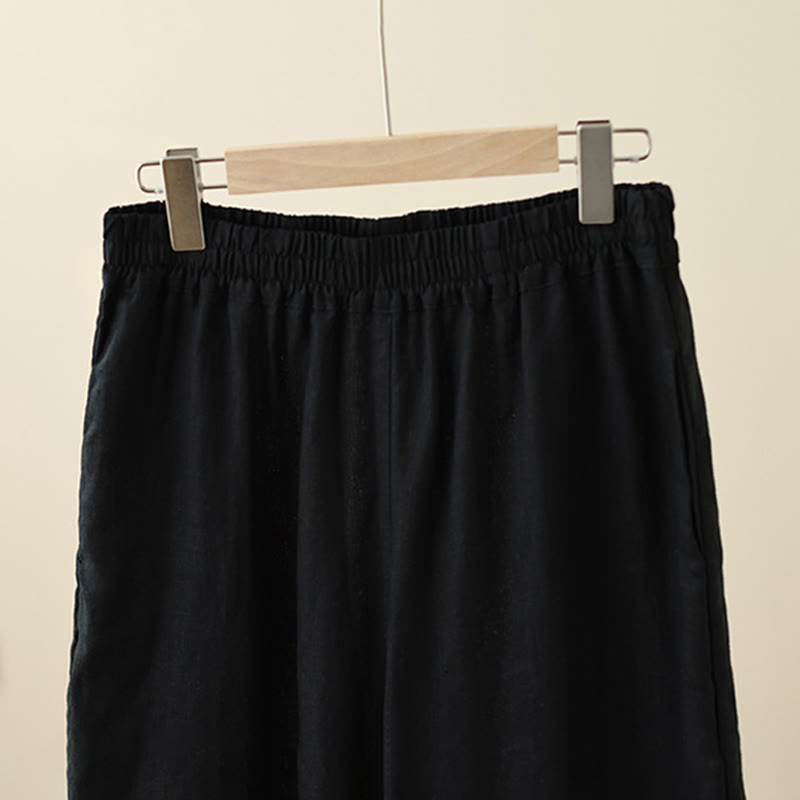 Commute Retro Plain Lace Patchwork Design 7-8 Length Women's Wide Leg Cotton Pants With Pockets