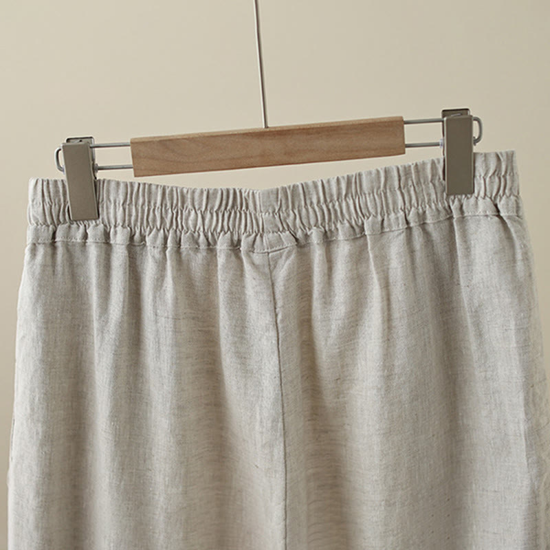 Commute Retro Plain Lace Patchwork Design 7-8 Length Women's Wide Leg Cotton Pants With Pockets