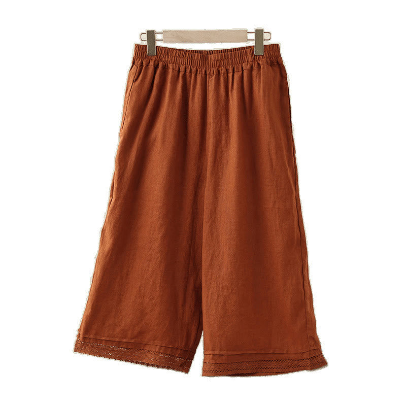 Commute Retro Plain Lace Patchwork Design 7-8 Length Women's Wide Leg Cotton Pants With Pockets