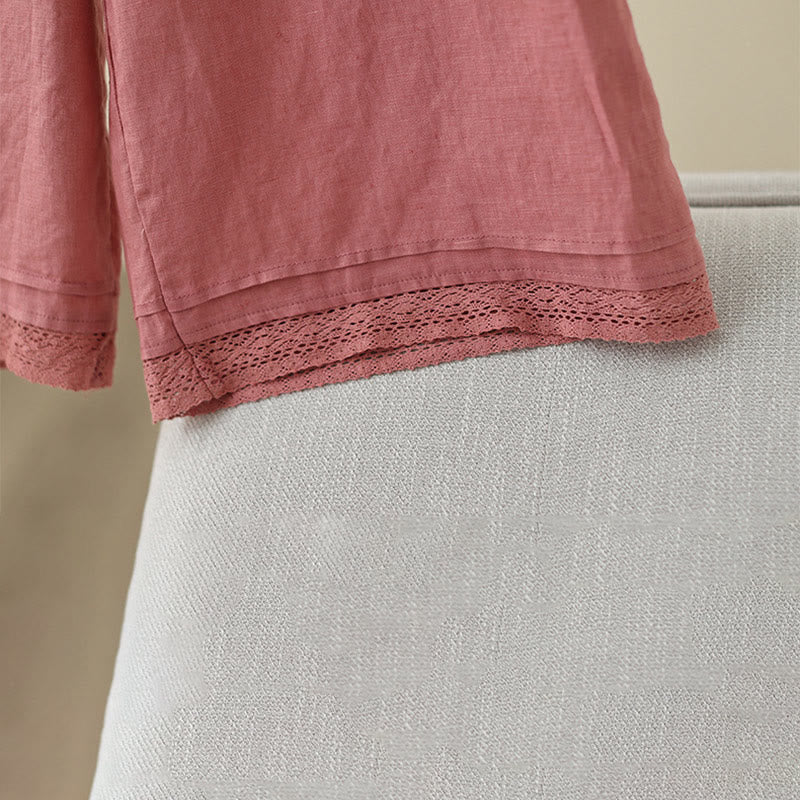 Commute Retro Plain Lace Patchwork Design 7-8 Length Women's Wide Leg Cotton Pants With Pockets