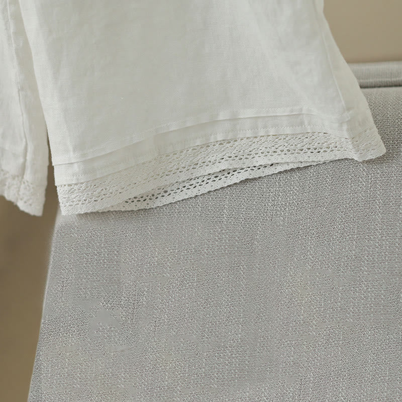 Commute Retro Plain Lace Patchwork Design 7-8 Length Women's Wide Leg Cotton Pants With Pockets