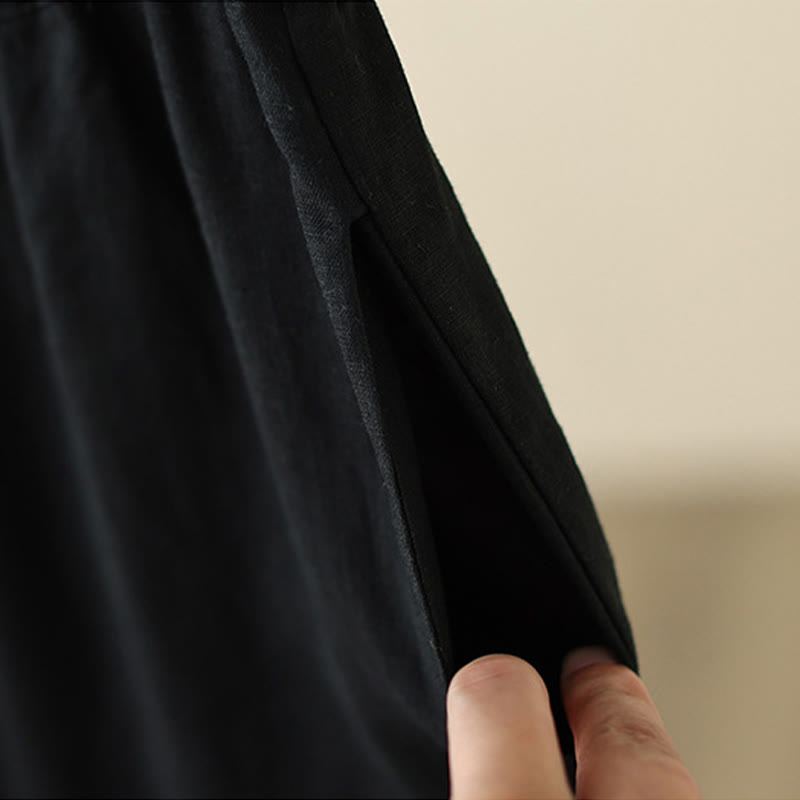 Commute Retro Plain Lace Patchwork Design 7-8 Length Women's Wide Leg Cotton Pants With Pockets