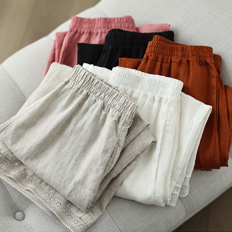 Commute Retro Plain Lace Patchwork Design 7-8 Length Women's Wide Leg Cotton Pants With Pockets