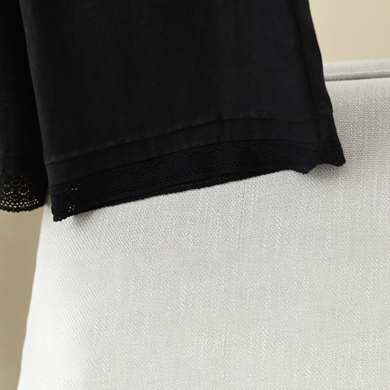 Commute Retro Plain Lace Patchwork Design 7-8 Length Women's Wide Leg Cotton Pants With Pockets