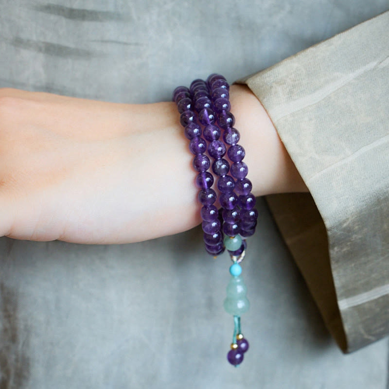 Natural Amethyst & Chalcedony Multi-Layer Beaded Bracelet with Copper Lotus & Gourd