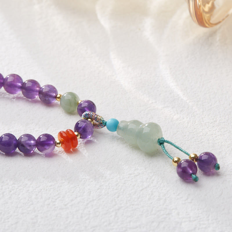 Natural Amethyst & Chalcedony Multi-Layer Beaded Bracelet with Copper Lotus & Gourd