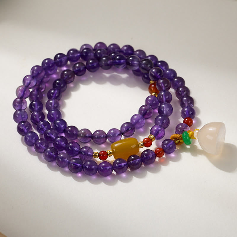 Natural Amethyst & Chalcedony Multi-Layer Beaded Bracelet with Copper Lotus & Gourd