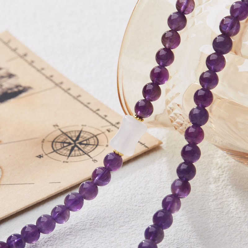 Natural Amethyst & Chalcedony Multi-Layer Beaded Bracelet with Copper Lotus & Gourd