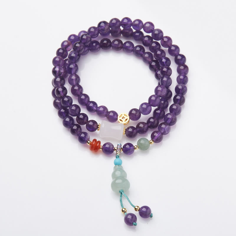 Natural Amethyst & Chalcedony Multi-Layer Beaded Bracelet with Copper Lotus & Gourd