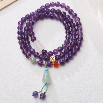 Natural Amethyst & Chalcedony Multi-Layer Beaded Bracelet with Copper Lotus & Gourd