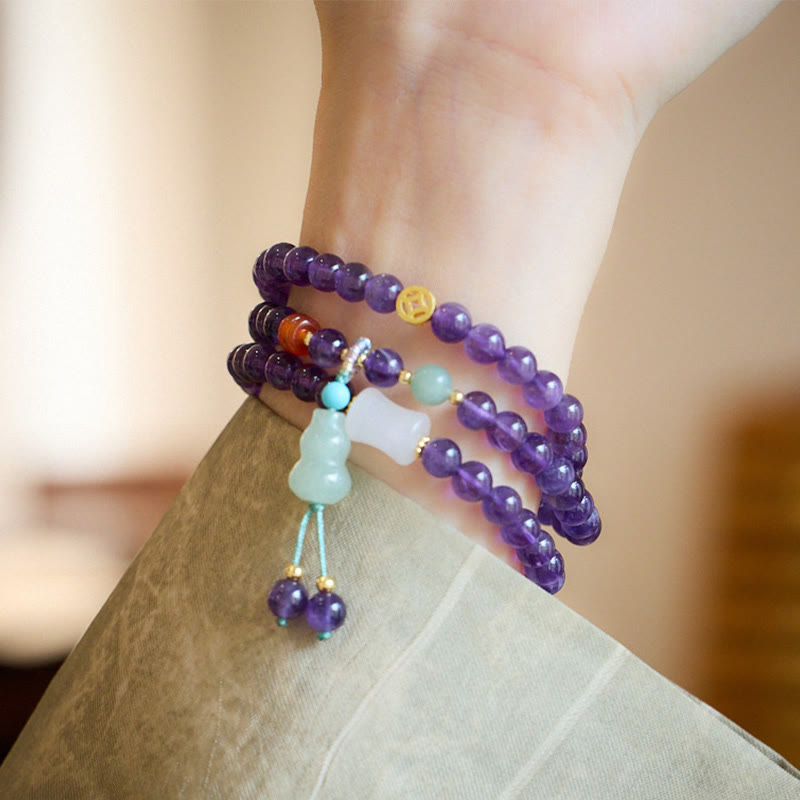 Natural Amethyst & Chalcedony Multi-Layer Beaded Bracelet with Copper Lotus & Gourd