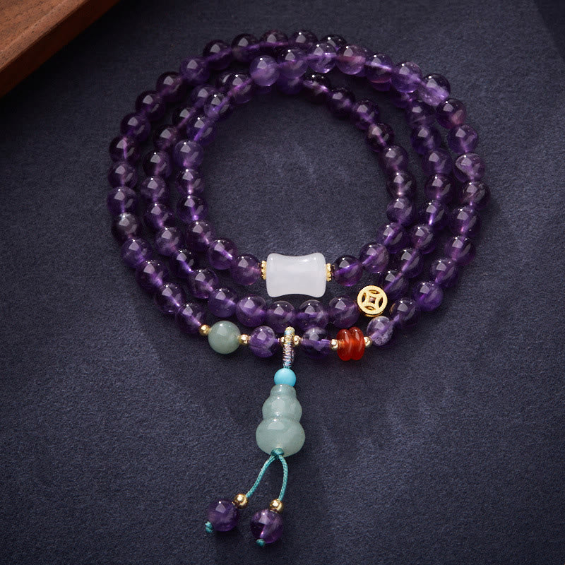 Natural Amethyst & Chalcedony Multi-Layer Beaded Bracelet with Copper Lotus & Gourd