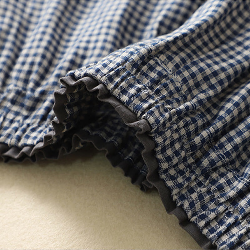 Commute Casual Checkered Pattern 7-8 Length Women's Wide Leg Cotton Linen Pants With Pockets