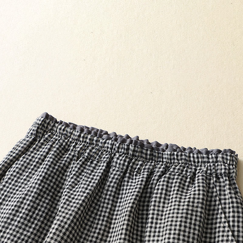 Commute Casual Checkered Pattern 7-8 Length Women's Wide Leg Cotton Linen Pants With Pockets