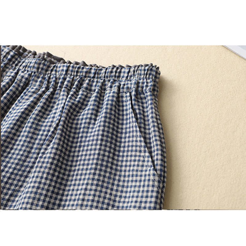 Commute Casual Checkered Pattern 7-8 Length Women's Wide Leg Cotton Linen Pants With Pockets