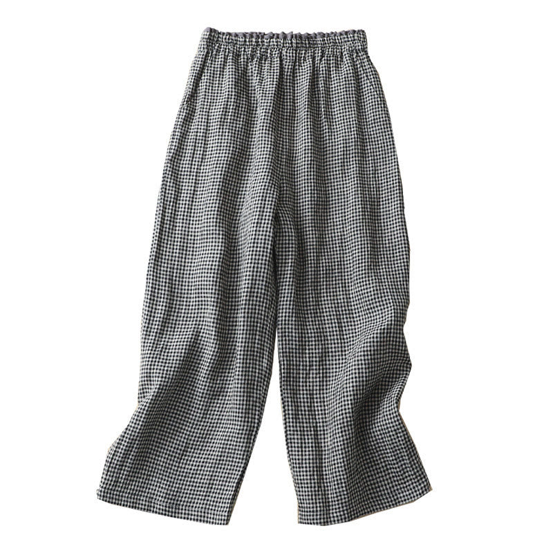 Commute Casual Checkered Pattern 7-8 Length Women's Wide Leg Cotton Linen Pants With Pockets