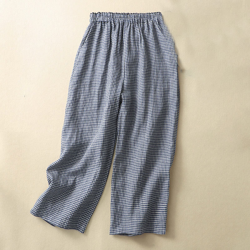 Commute Casual Checkered Pattern 7-8 Length Women's Wide Leg Cotton Linen Pants With Pockets