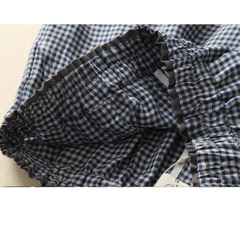 Commute Casual Checkered Pattern 7-8 Length Women's Wide Leg Cotton Linen Pants With Pockets