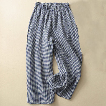 Commute Casual Checkered Pattern 7-8 Length Women's Wide Leg Cotton Linen Pants With Pockets