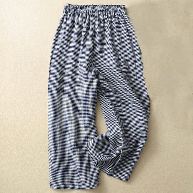 Commute Casual Checkered Pattern 7-8 Length Women's Wide Leg Cotton Linen Pants With Pockets