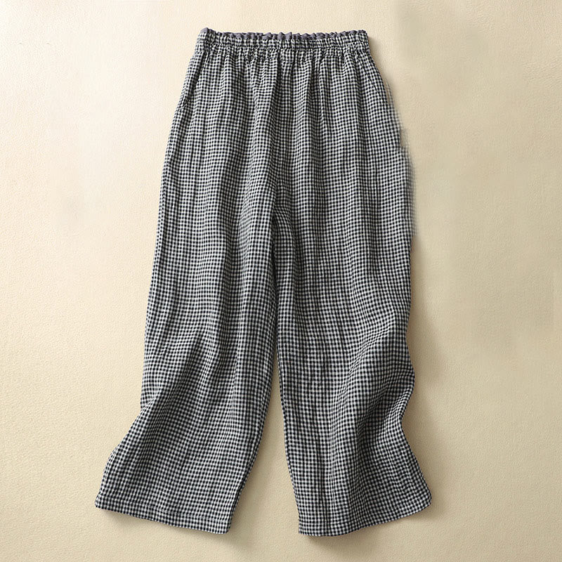 Commute Casual Checkered Pattern 7-8 Length Women's Wide Leg Cotton Linen Pants With Pockets
