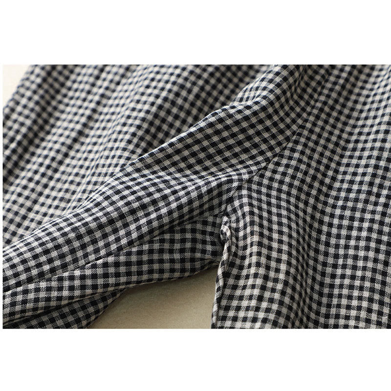 Commute Casual Checkered Pattern 7-8 Length Women's Wide Leg Cotton Linen Pants With Pockets